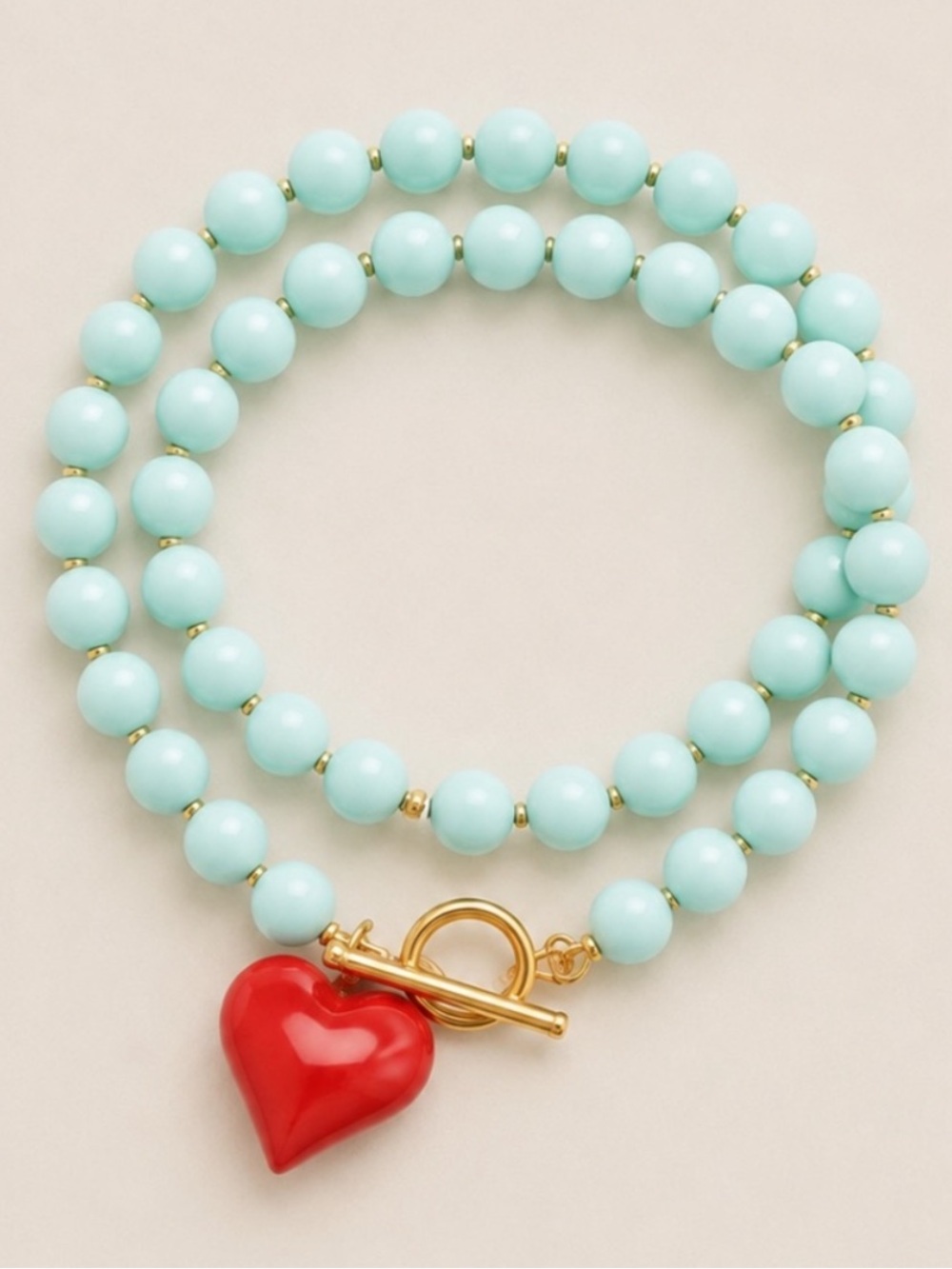 Mint Beaded Necklace with Red Heart & Gold Accents